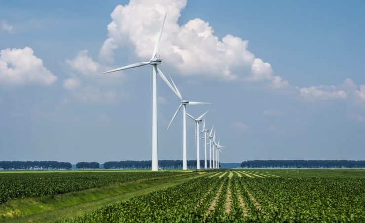 A beautiful view of the wind turbines on a grass covered field captured in Holland